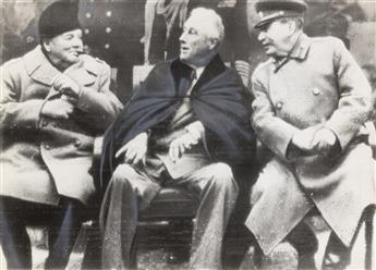 (WWII--YALTA AND ATLANTIC CONFERENCES) A group of 3 photographs, two of Winston Churchill, Franklin D. Roosevelt, and Josef Stalin at Y